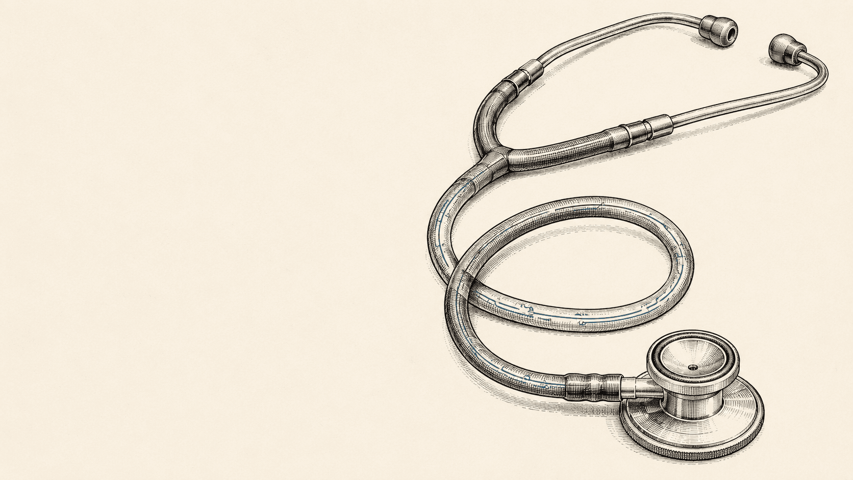 Editorial illustration: a stethoscope curled across a warm paper-cream surface, the visual signature of MedAI Verdict.